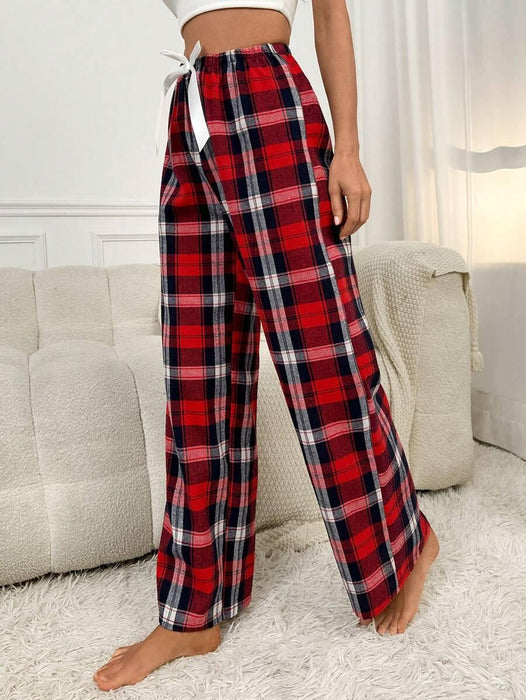 Plaid Print Pajama Pants – Cozy Loungewear with Bow Accent