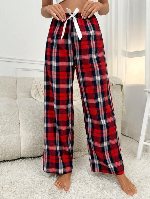 Plaid Print Pajama Pants – Cozy Loungewear with Bow Accent