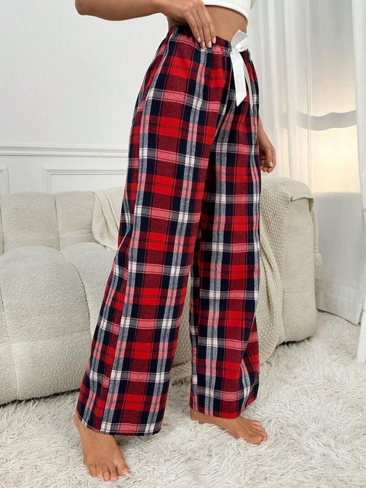 Plaid Print Pajama Pants – Cozy Loungewear with Bow Accent