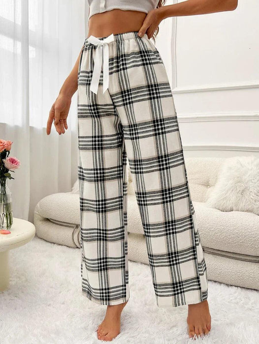 Plaid Print Pajama Pants – Cozy Loungewear with Bow Accent