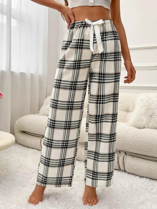 Plaid Print Pajama Pants – Cozy Loungewear with Bow Accent