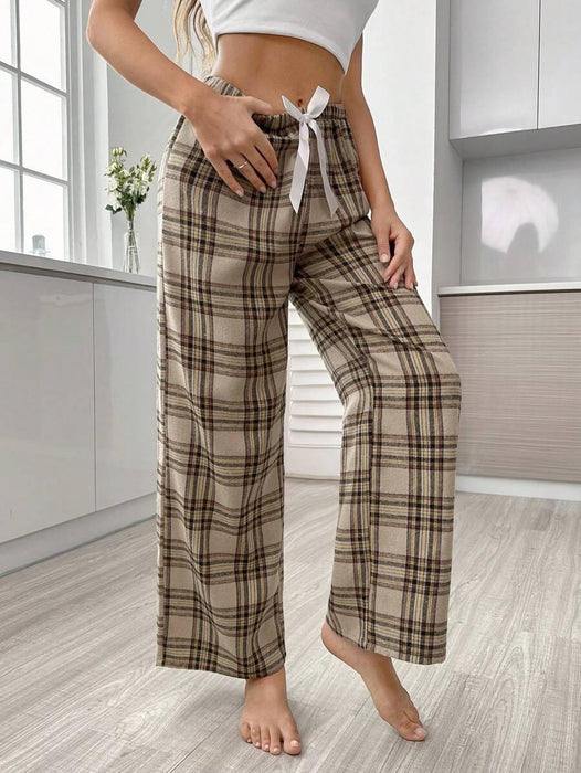 Plaid Print Pajama Pants – Cozy Loungewear with Bow Accent