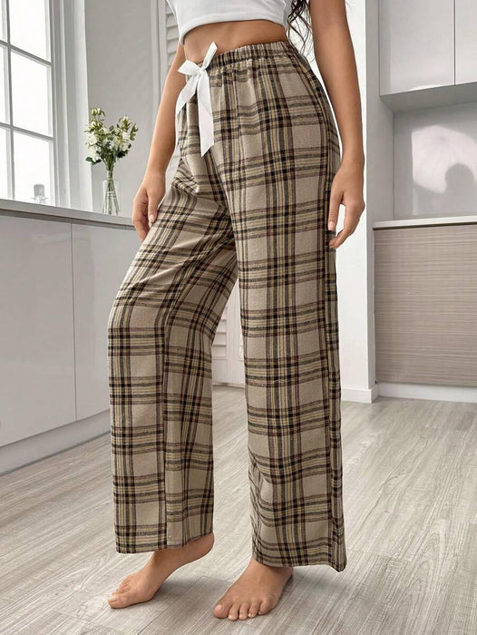Plaid Print Pajama Pants – Cozy Loungewear with Bow Accent