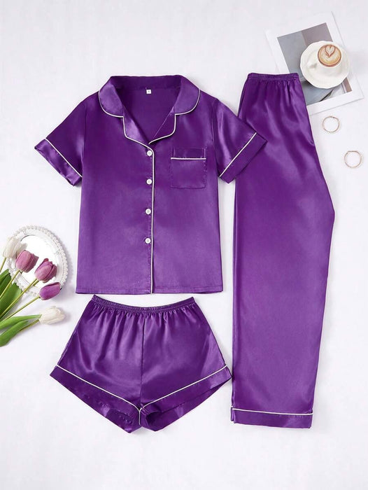 3 Piece Button Front Solid Colored Pajama Set - Secret Slim Wear