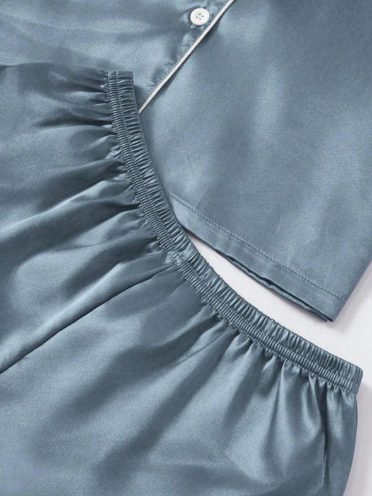 3 Piece Button Front Solid Colored Pajama Set - Secret Slim Wear