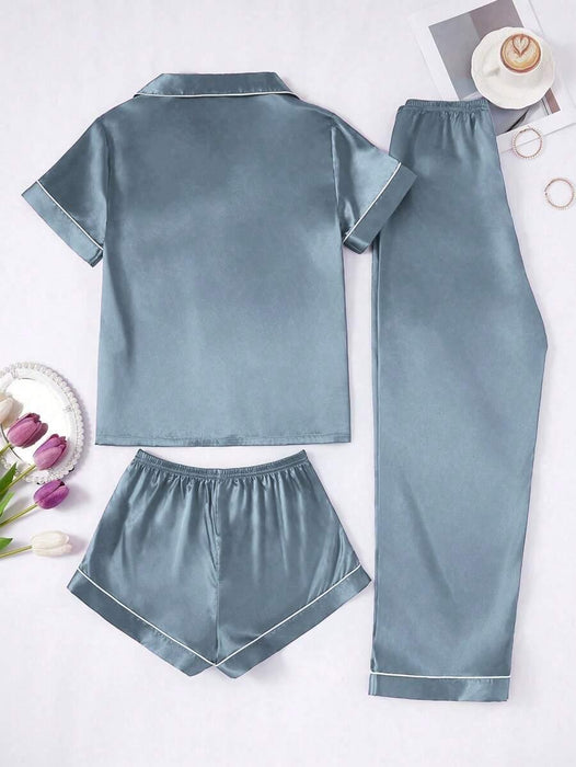 3 Piece Button Front Solid Colored Pajama Set - Secret Slim Wear
