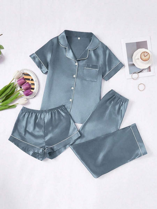 3 Piece Button Front Solid Colored Pajama Set - Secret Slim Wear