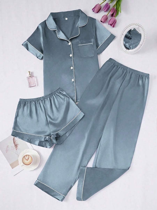 3 Piece Button Front Solid Colored Pajama Set - Secret Slim Wear