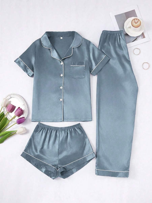 3 Piece Button Front Solid Colored Pajama Set - Secret Slim Wear