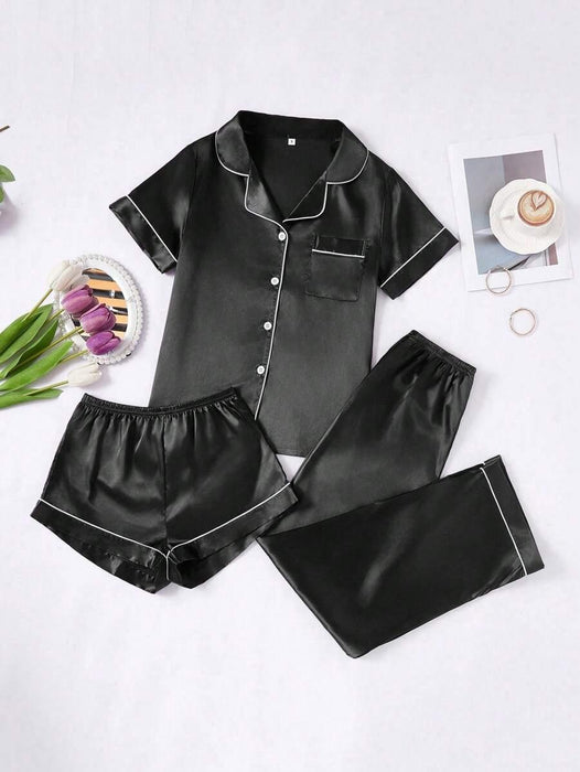 3 Piece Button Front Solid Colored Pajama Set - Secret Slim Wear