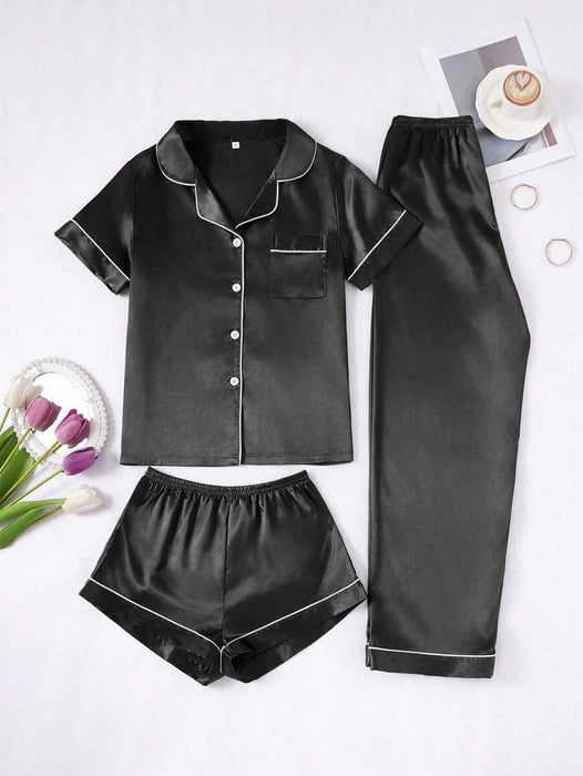3 Piece Button Front Solid Colored Pajama Set - Secret Slim Wear