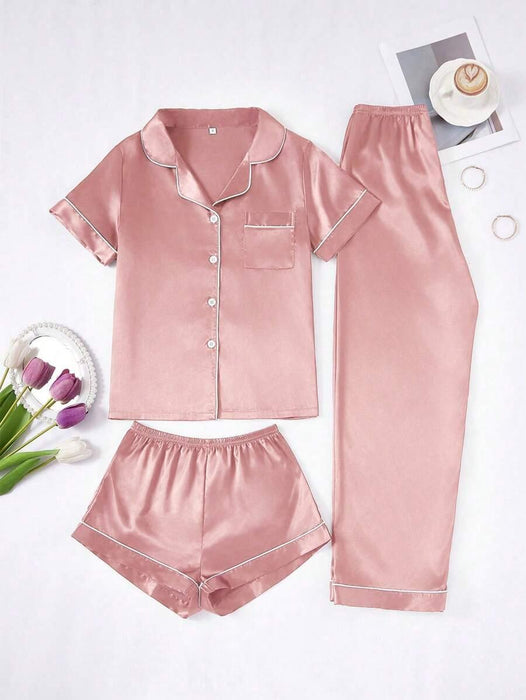 3 Piece Button Front Solid Colored Pajama Set - Secret Slim Wear