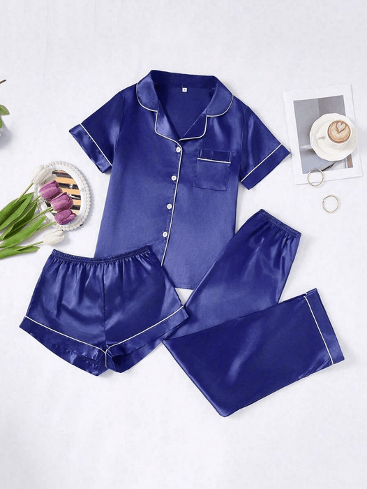 3 Piece Button Front Solid Colored Pajama Set - Secret Slim Wear