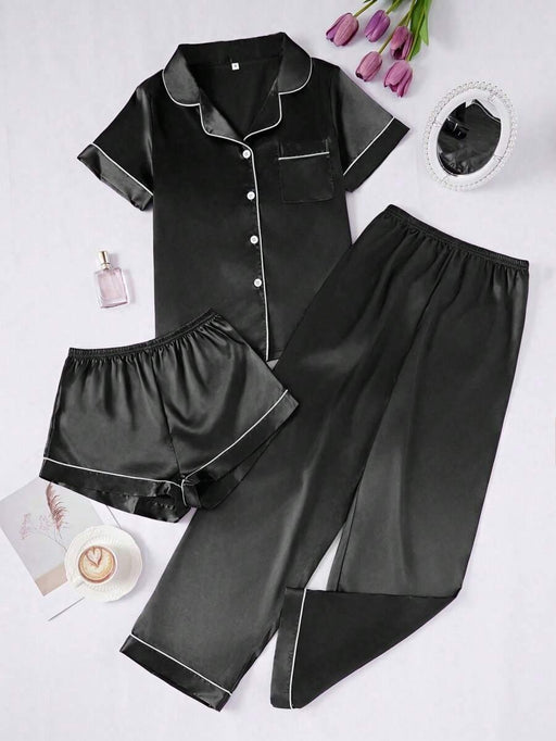 3 Piece Button Front Solid Colored Pajama Set - Secret Slim Wear