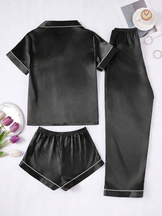 3 Piece Button Front Solid Colored Pajama Set - Secret Slim Wear