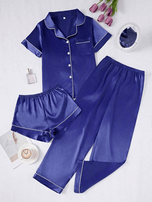 3 Piece Button Front Solid Colored Pajama Set - Secret Slim Wear