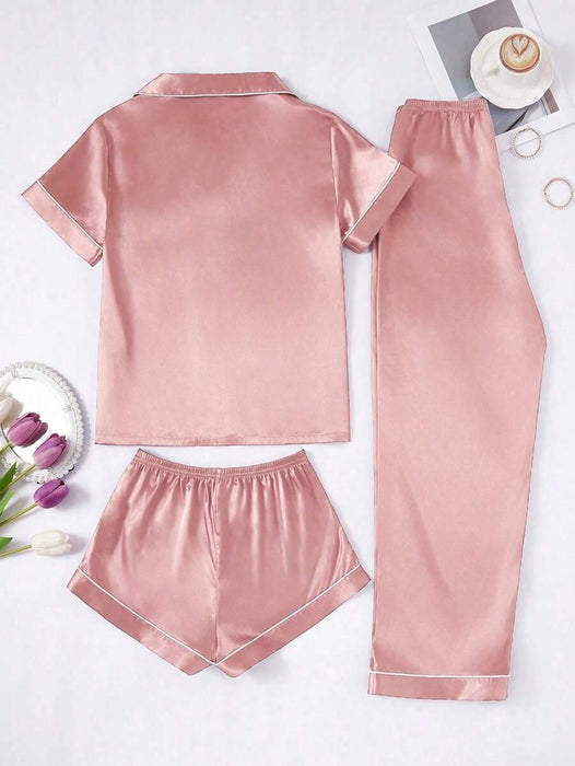 3 Piece Button Front Solid Colored Pajama Set - Secret Slim Wear