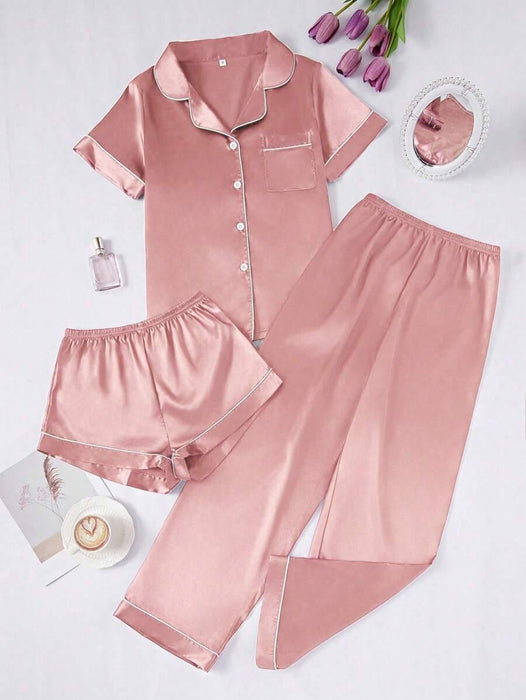 3 Piece Button Front Solid Colored Pajama Set - Secret Slim Wear