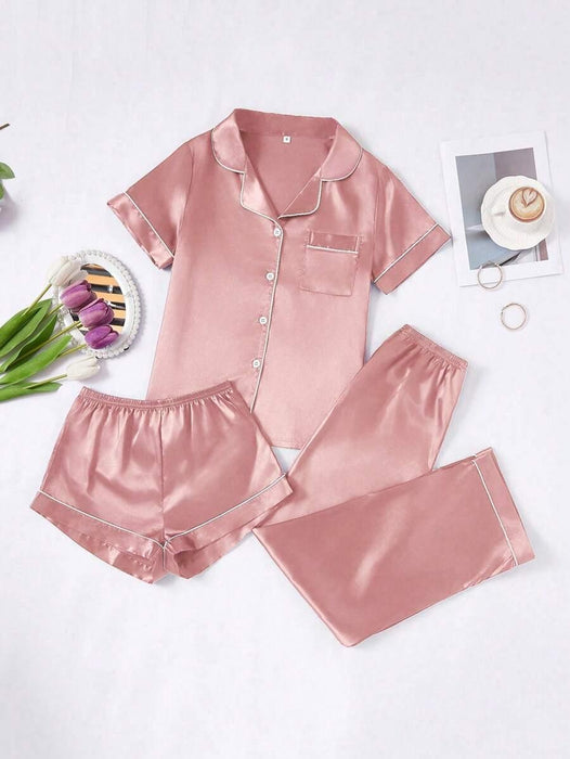 3 Piece Button Front Solid Colored Pajama Set - Secret Slim Wear