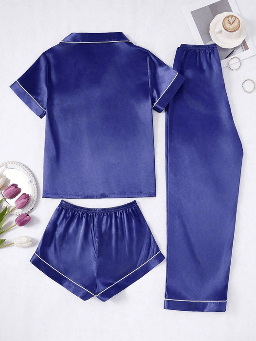 3 Piece Button Front Solid Colored Pajama Set - Secret Slim Wear