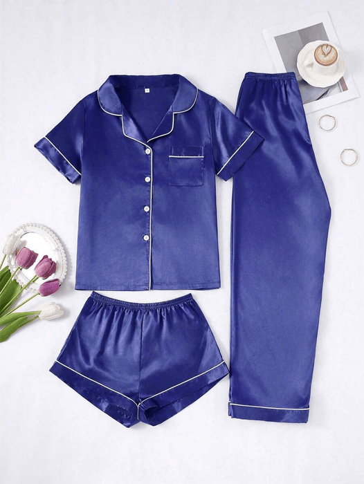 3 Piece Button Front Solid Colored Pajama Set - Secret Slim Wear