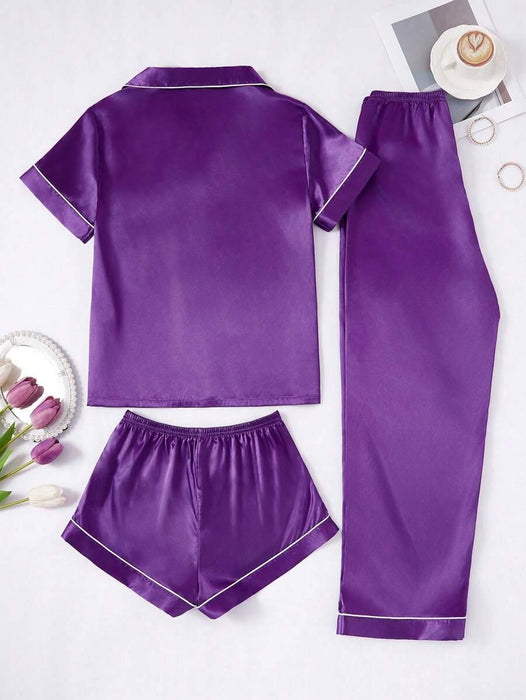 3 Piece Button Front Solid Colored Pajama Set - Secret Slim Wear