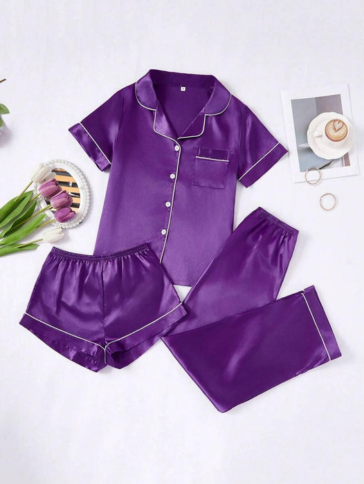 3 Piece Button Front Solid Colored Pajama Set - Secret Slim Wear
