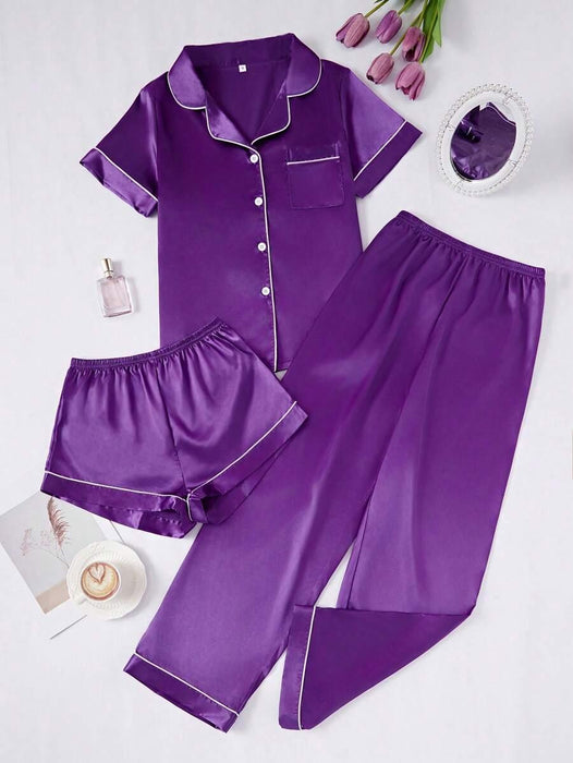 3 Piece Button Front Solid Colored Pajama Set - Secret Slim Wear