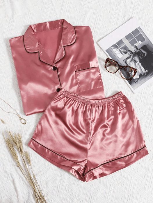 Contrast Binding Satin Pajamas – Comfortable Nightwear