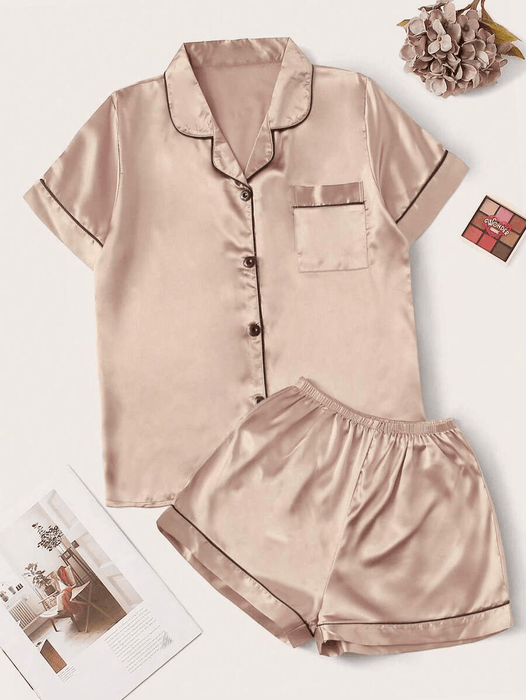Contrast Binding Satin Pajamas – Comfortable Nightwear