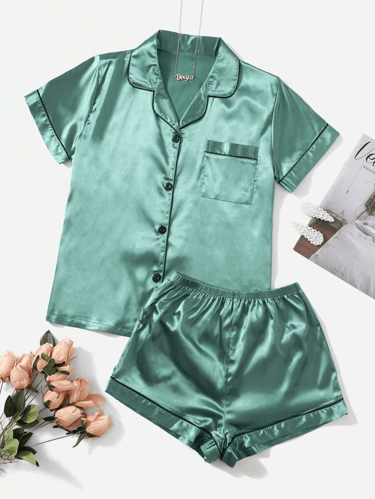 Contrast Binding Satin Pajamas – Comfortable Nightwear