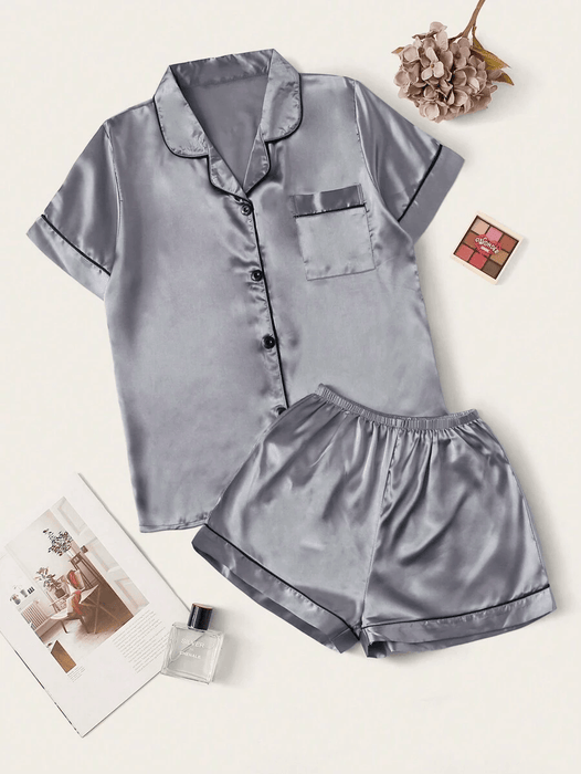 Contrast Binding Satin Pajamas – Comfortable Nightwear