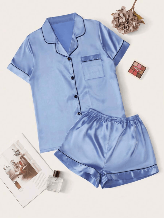 Contrast Binding Satin Pajamas – Comfortable Nightwear