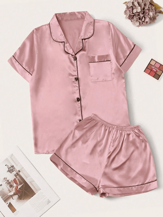 Contrast Binding Satin Pajamas – Comfortable Nightwear