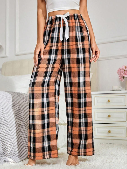 Plaid Print Pajama Pants – Cozy Loungewear with Bow Accent