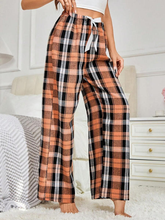 Plaid Print Pajama Pants – Cozy Loungewear with Bow Accent
