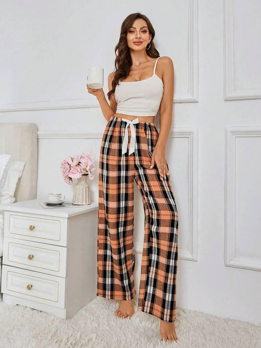 Plaid Print Pajama Pants – Cozy Loungewear with Bow Accent