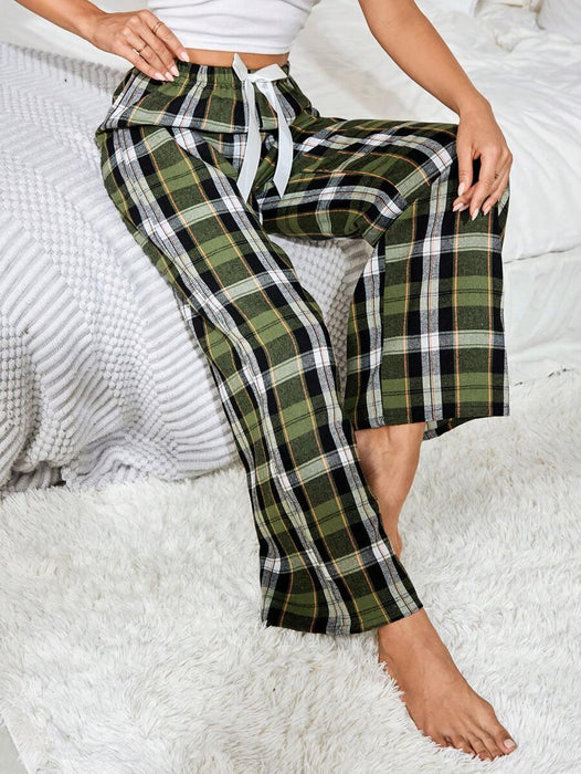 Plaid Print Pajama Pants – Cozy Loungewear with Bow Accent