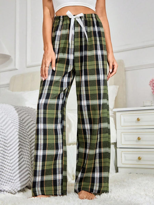 Plaid Print Pajama Pants – Cozy Loungewear with Bow Accent
