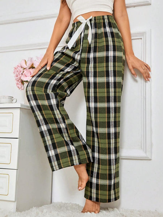 Plaid Print Pajama Pants – Cozy Loungewear with Bow Accent