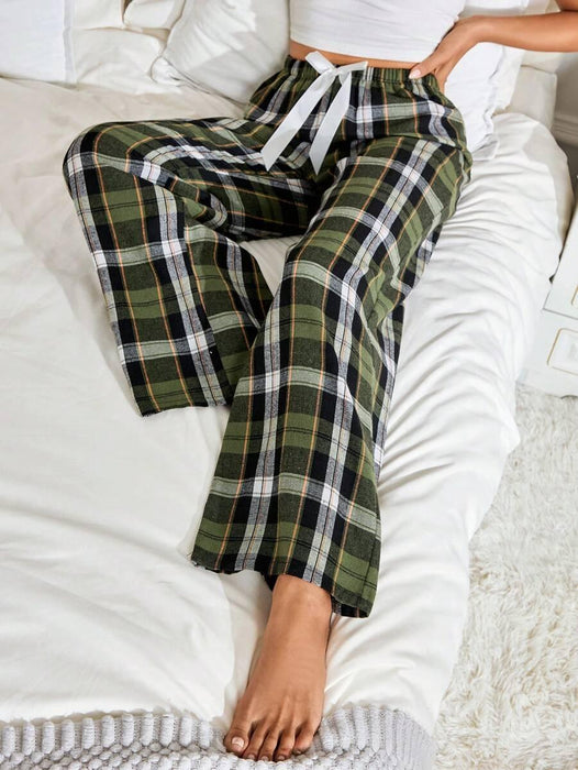 Plaid Print Pajama Pants – Cozy Loungewear with Bow Accent