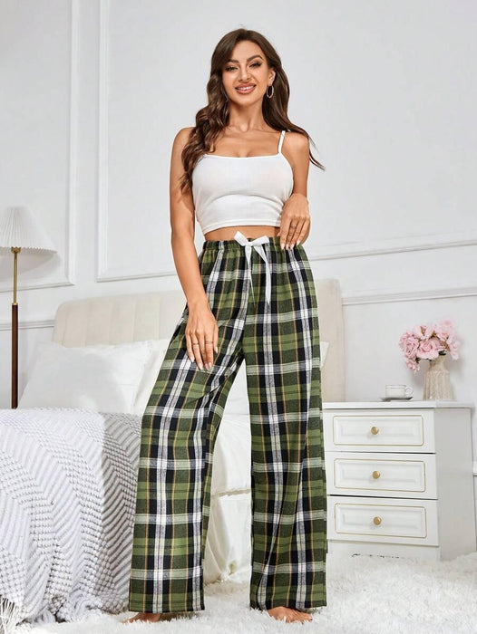 Plaid Print Pajama Pants – Cozy Loungewear with Bow Accent