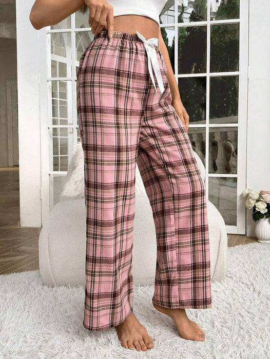 Plaid Print Pajama Pants – Cozy Loungewear with Bow Accent