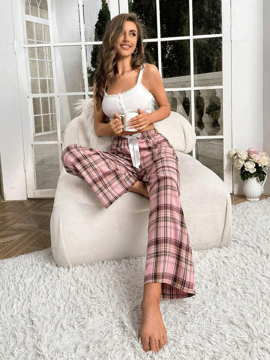 Plaid Print Pajama Pants – Cozy Loungewear with Bow Accent