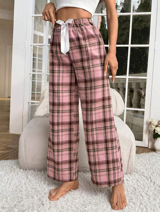 Plaid Print Pajama Pants – Cozy Loungewear with Bow Accent