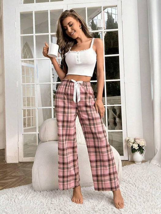 Plaid Print Pajama Pants – Cozy Loungewear with Bow Accent