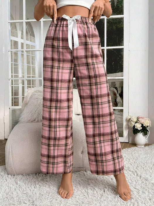 Plaid Print Pajama Pants – Cozy Loungewear with Bow Accent