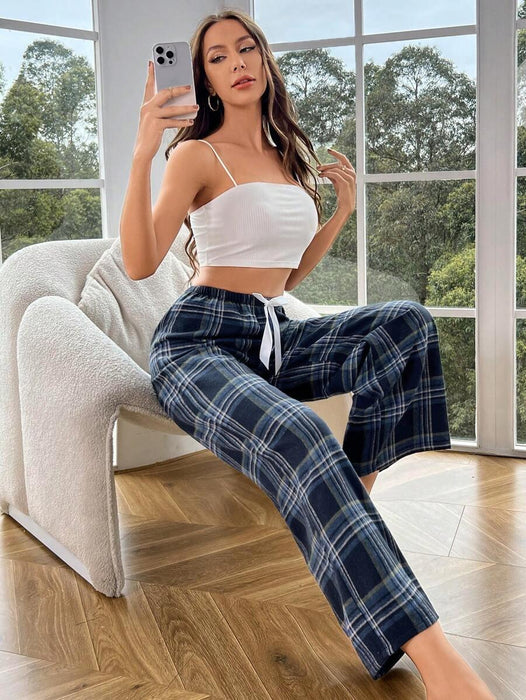 Plaid Print Pajama Pants – Cozy Loungewear with Bow Accent