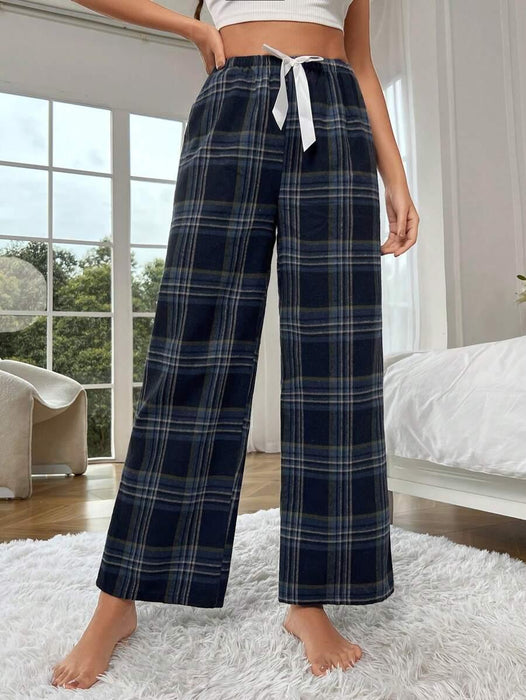 Plaid Print Pajama Pants – Cozy Loungewear with Bow Accent