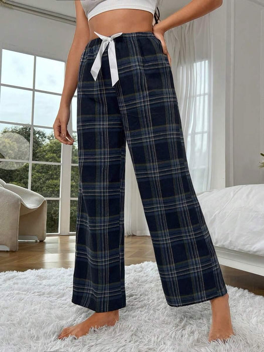 Plaid Print Pajama Pants – Cozy Loungewear with Bow Accent